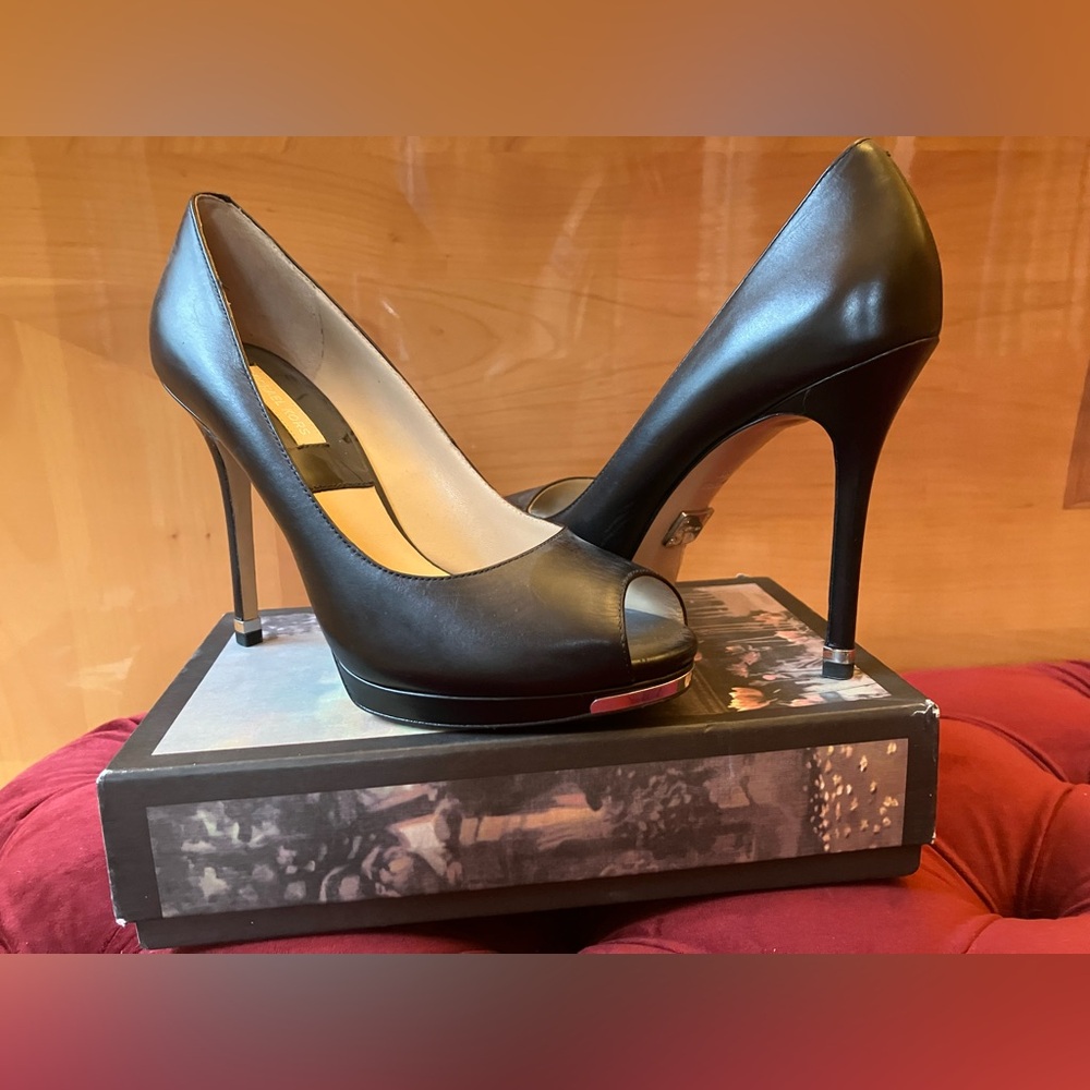 New Michael Kors Black Leather Peep-Toe Heels